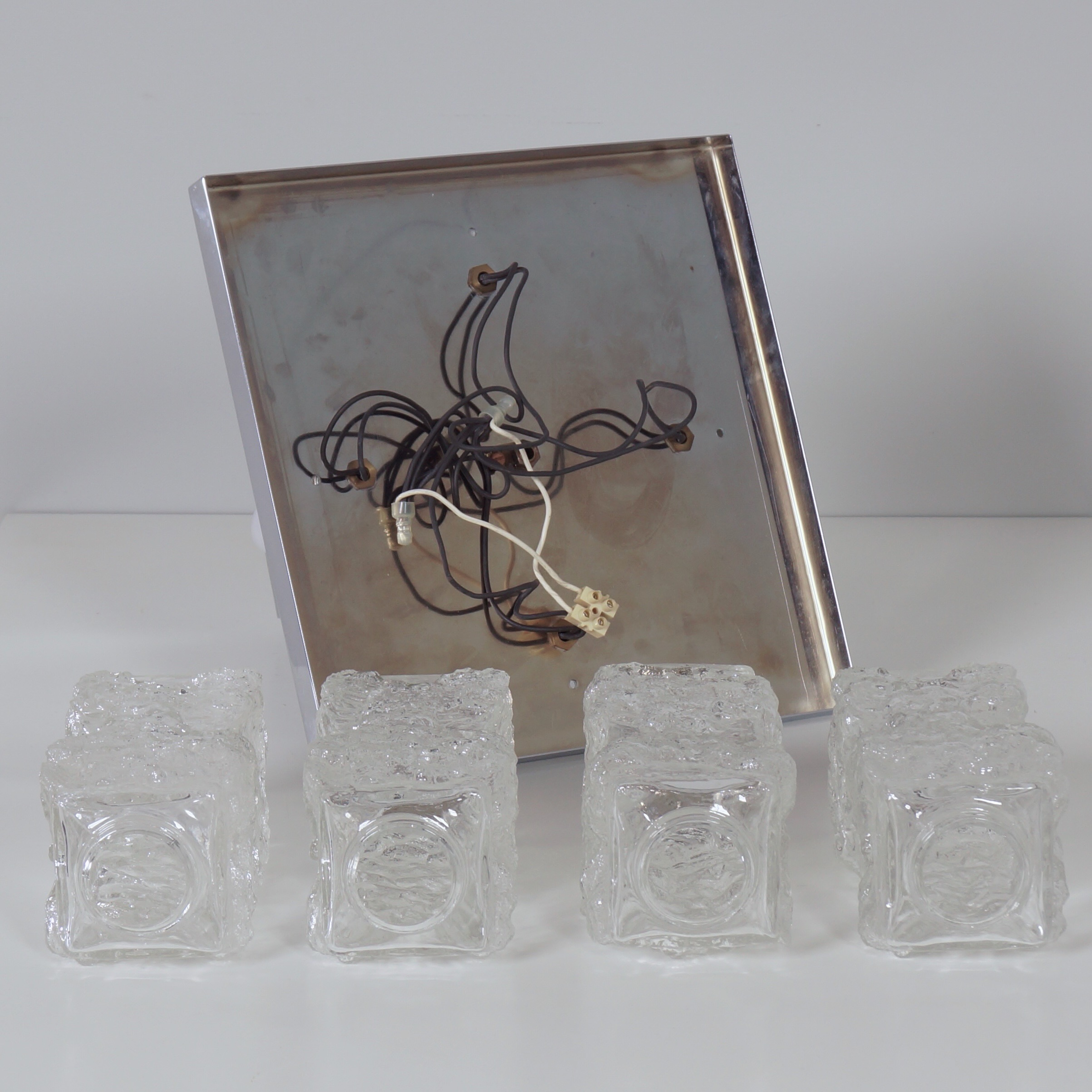 Brutalist ceiling lamp in chrome and pressed glass by Hillebrand Leuchten from the 70s