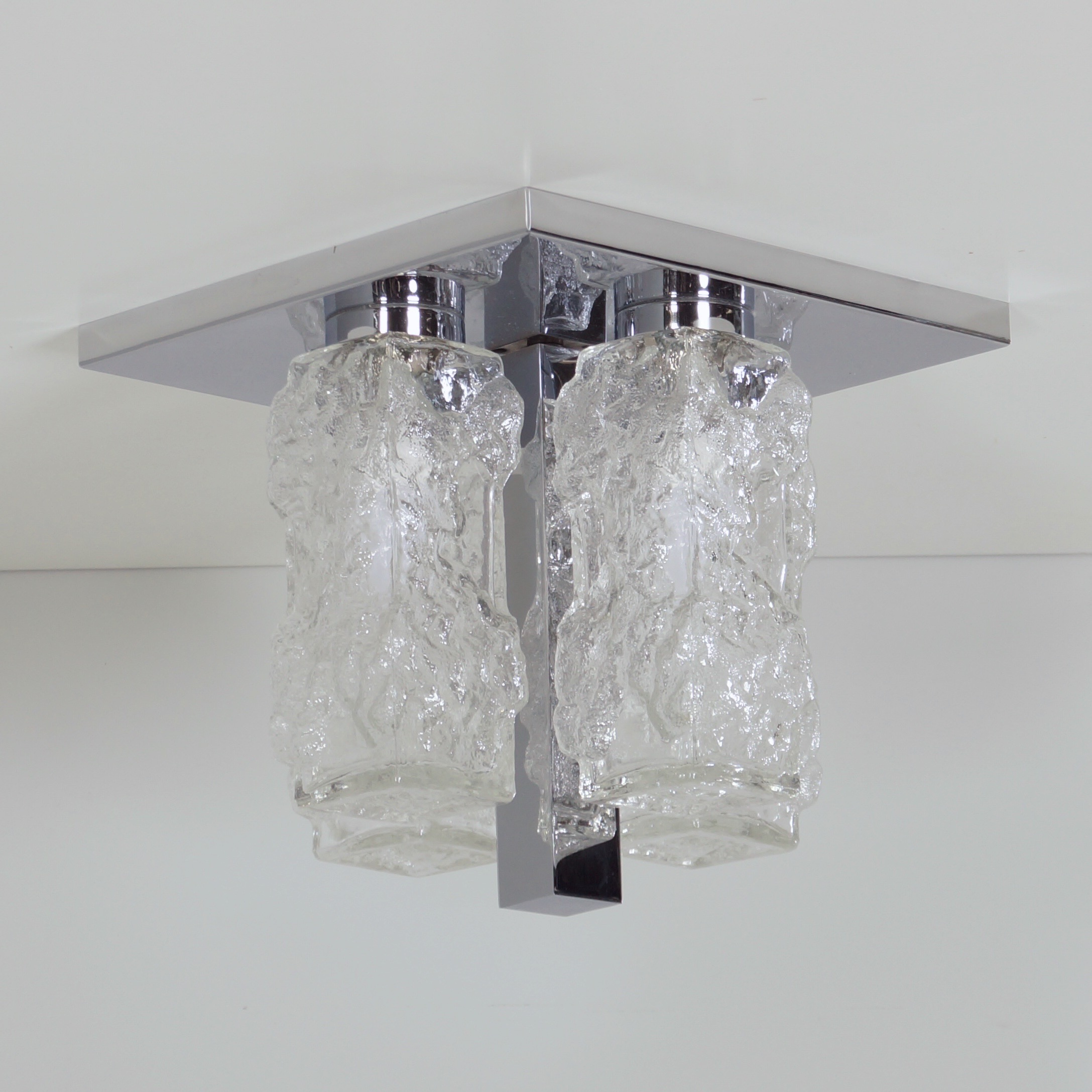 Brutalist ceiling lamp in chrome and pressed glass by Hillebrand Leuchten from the 70s