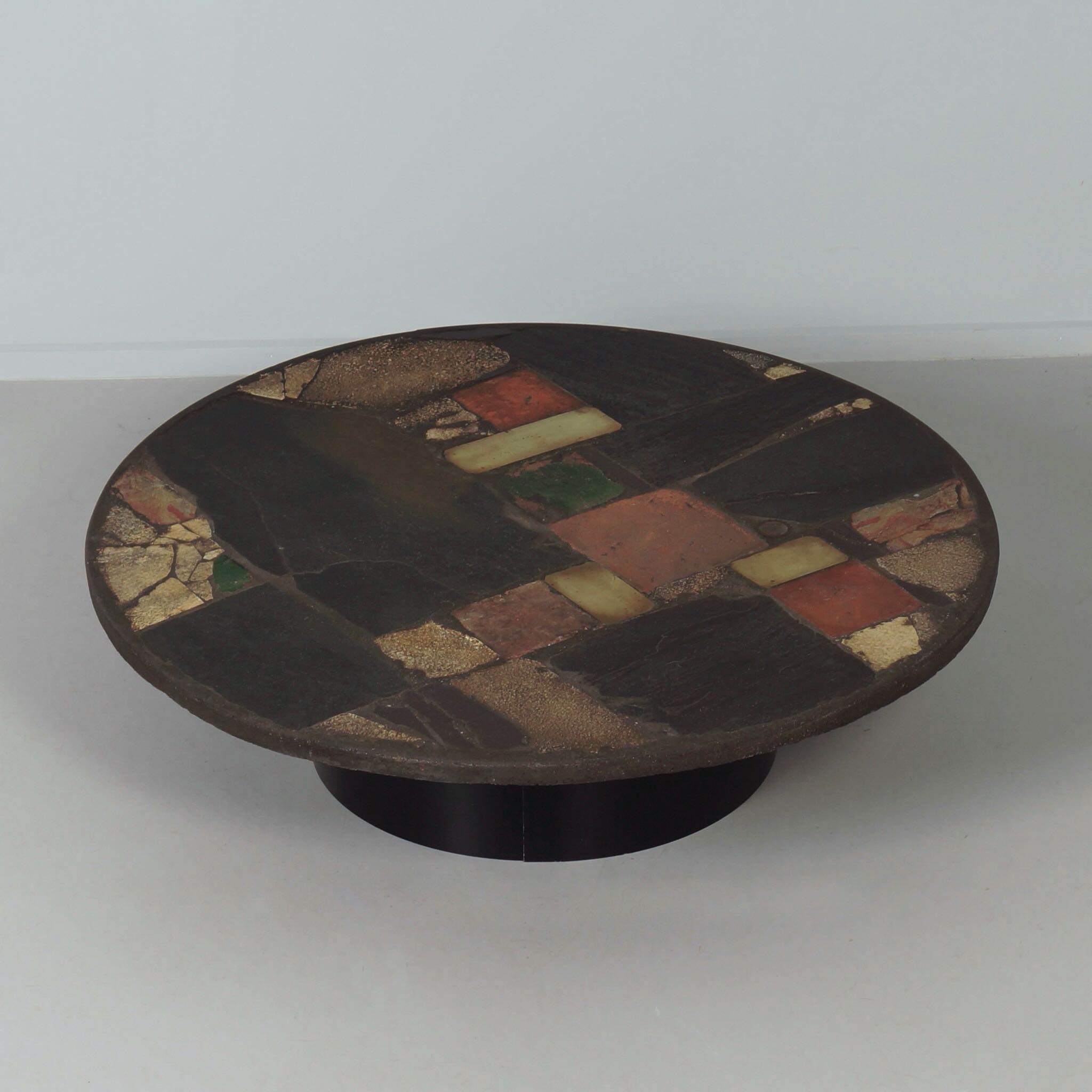 Round Coffee Table by Paul Kingma from the 70s with Brass and Colored Ceramics