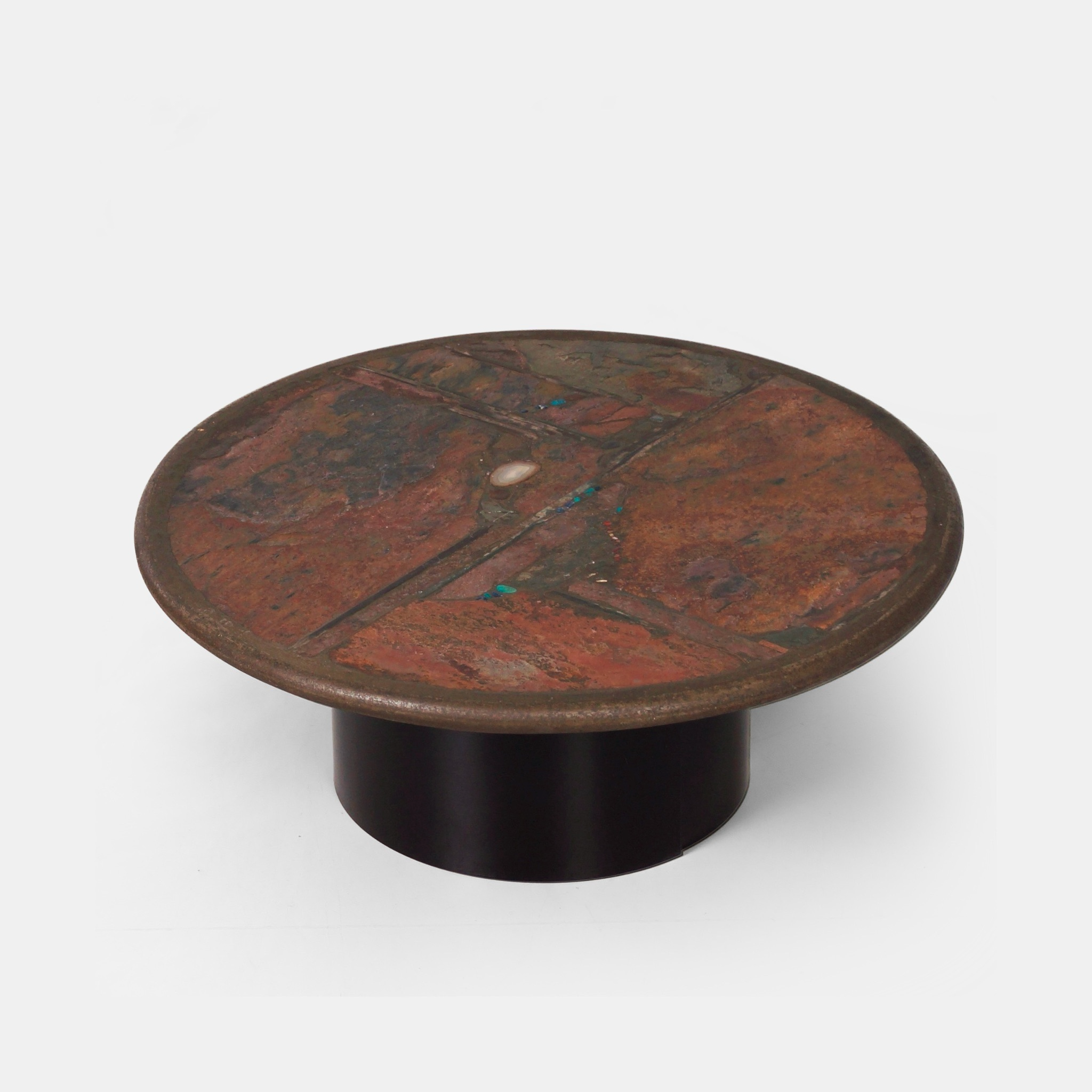 Round coffee table by Paul Kingma from 1990 in earthy tones with inlay of semi-precious stones