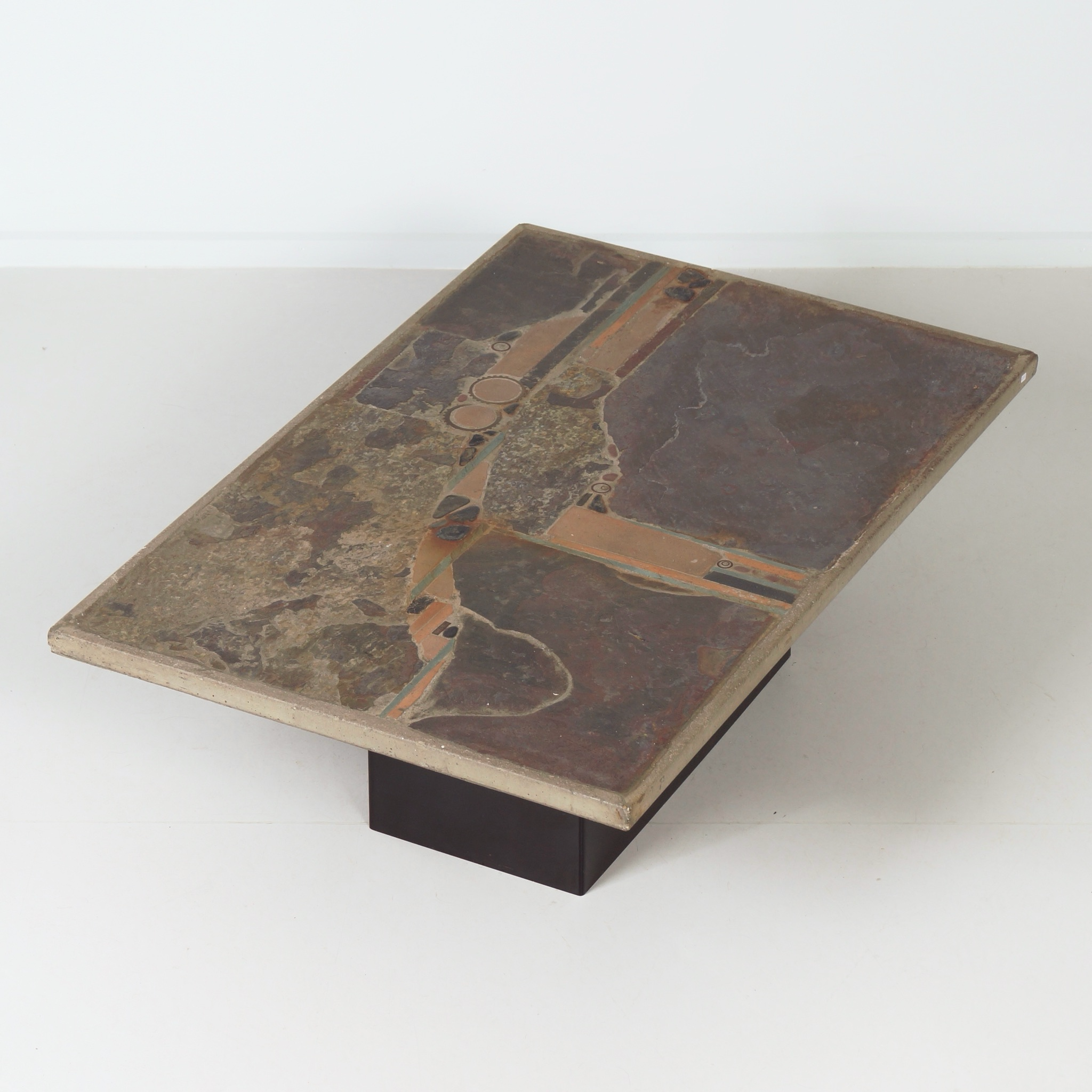 Rectangular Coffee Table by Paul Kingma from the 70s with Basalt and Terracotta Inlay