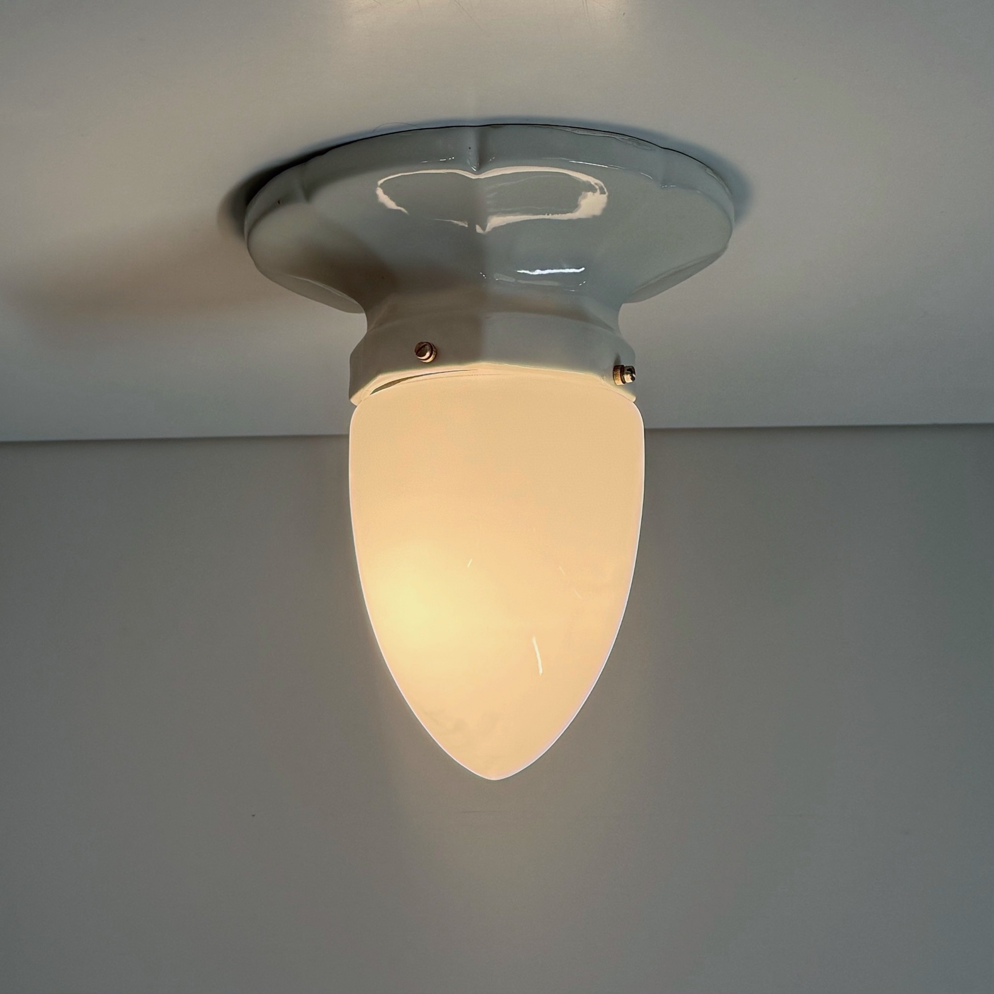 Art Deco Ceiling Light from the 1930s with Porcelain Mount and Opaline Cone Shade