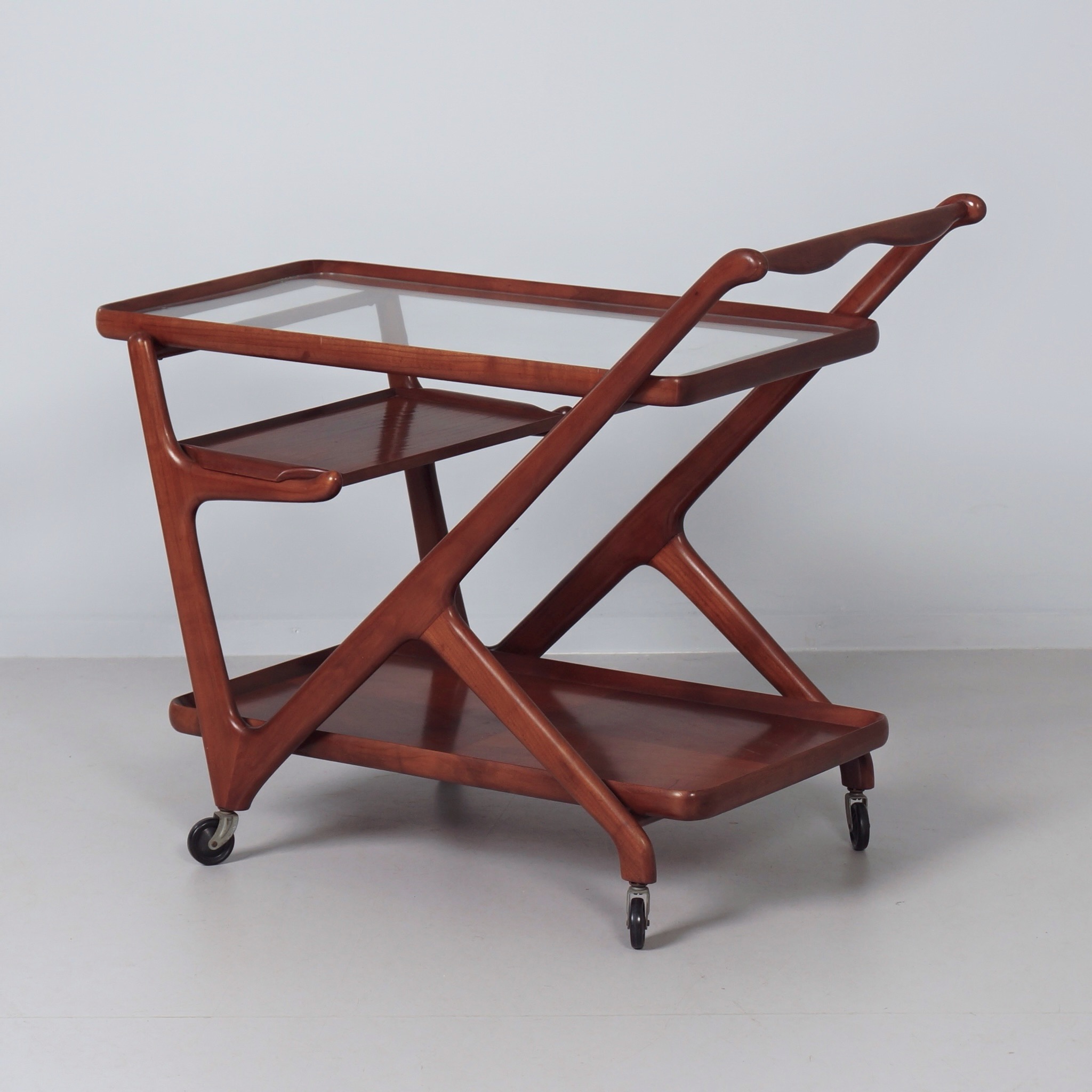 Serving trolley by Cesare Lacca for Cassina from the 60s in Beech Wood with Glass Top