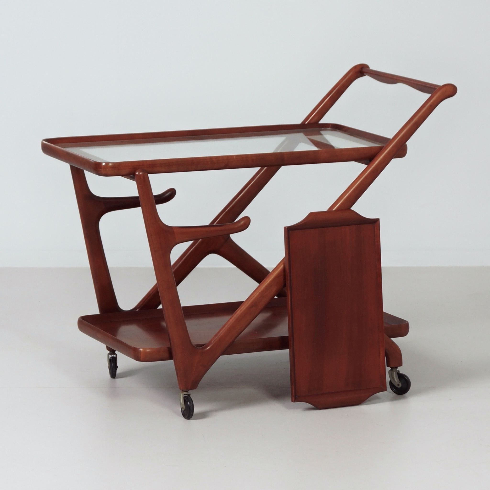 Serving trolley by Cesare Lacca for Cassina from the 60s in Beech Wood with Glass Top