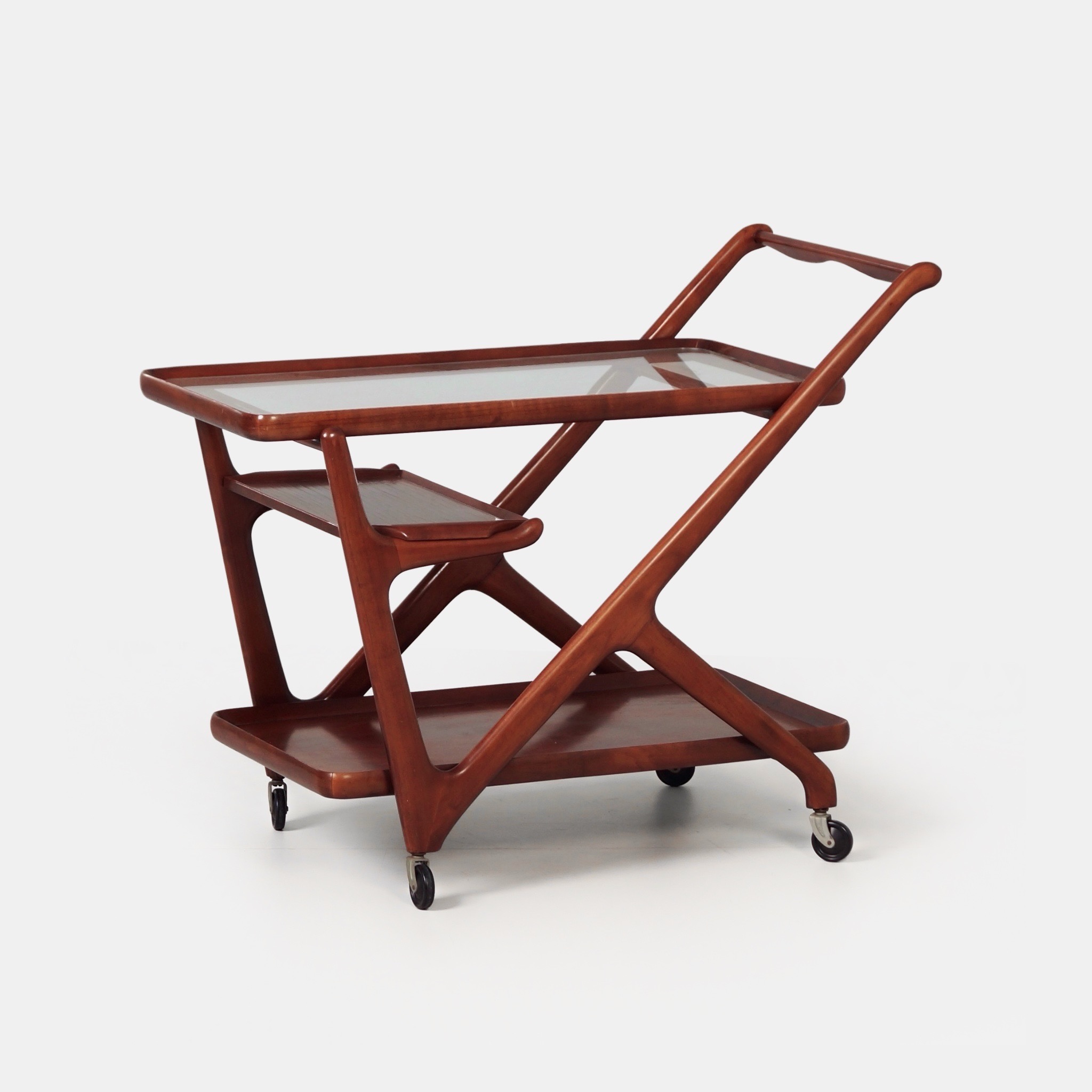 Serving trolley by Cesare Lacca for Cassina from the 60s in Beech Wood with Glass Top
