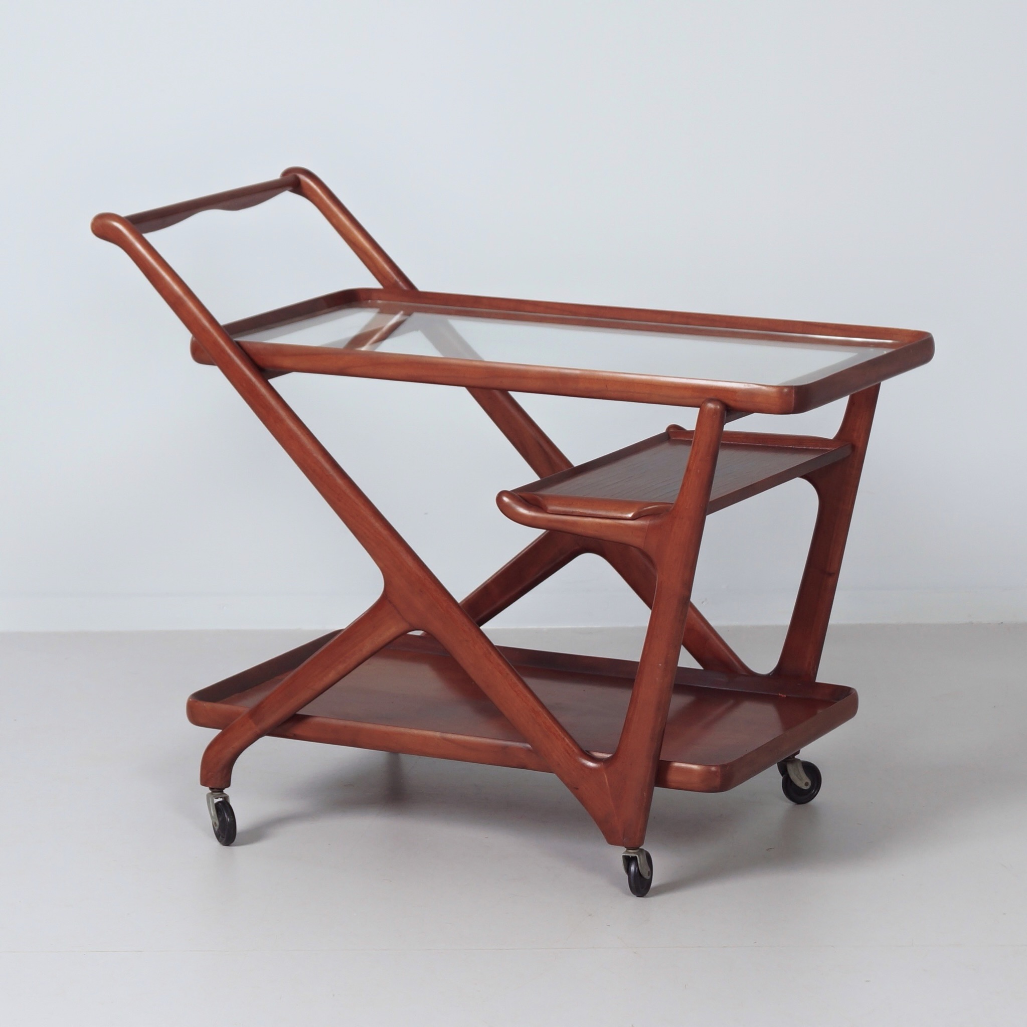 Serving trolley by Cesare Lacca for Cassina from the 60s in Beech Wood with Glass Top