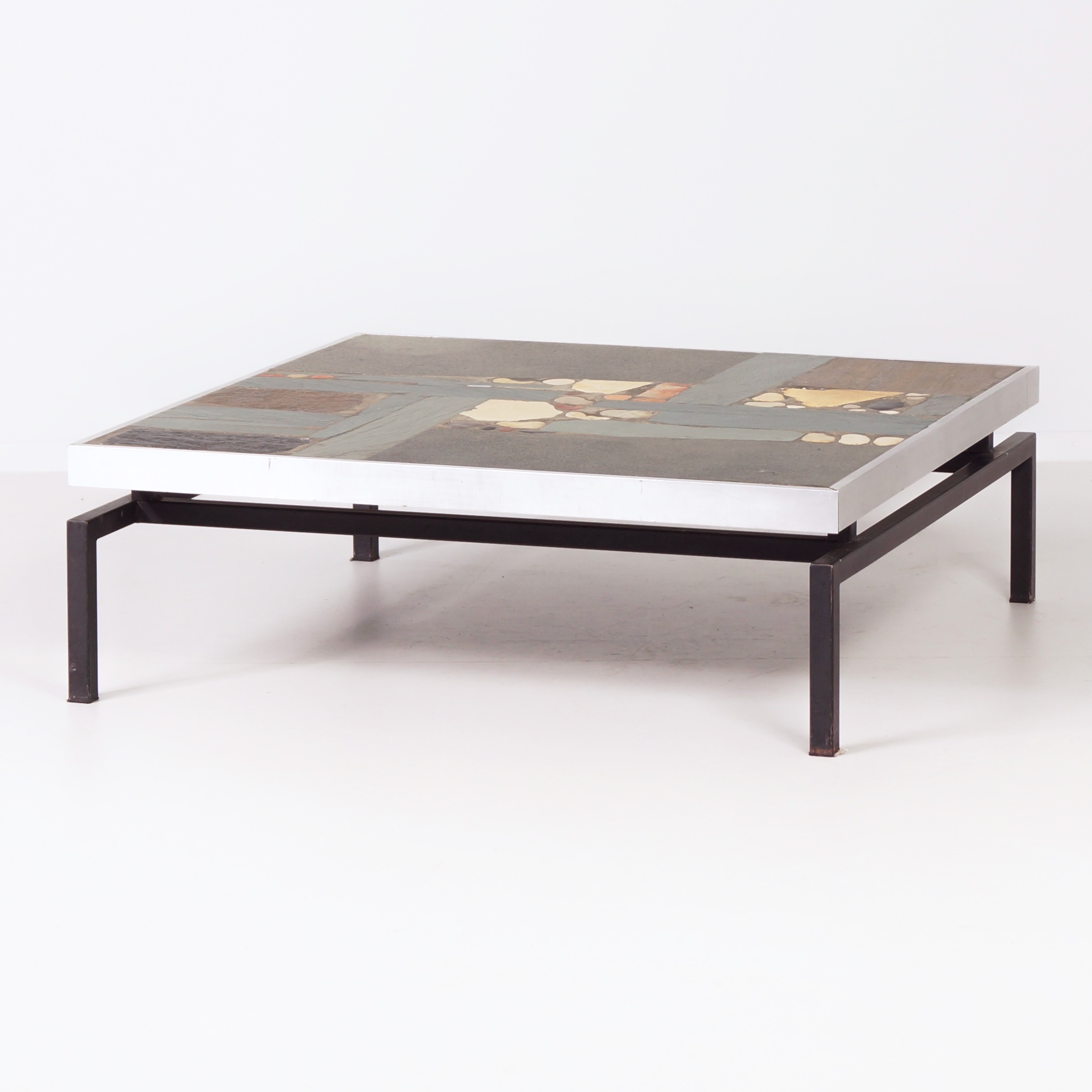 Square Paul Kingma coffee table from 1969 with aluminium edge and black metal base