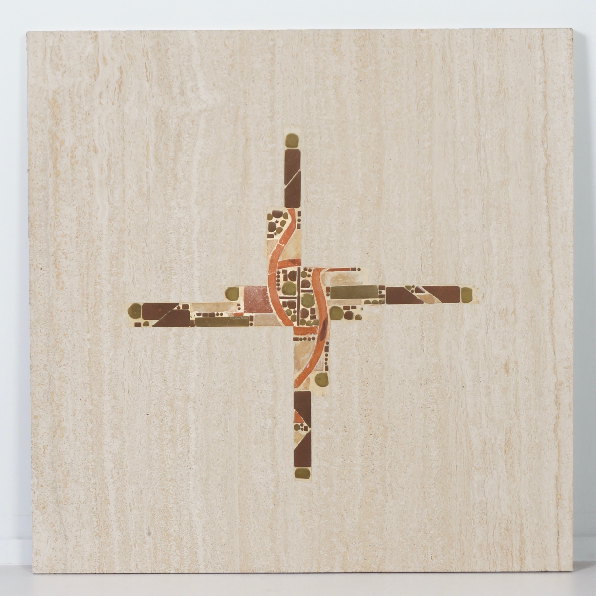 Coffee Table by Paul Kingma in Travertine with Marble and Brass Inlay, 1980