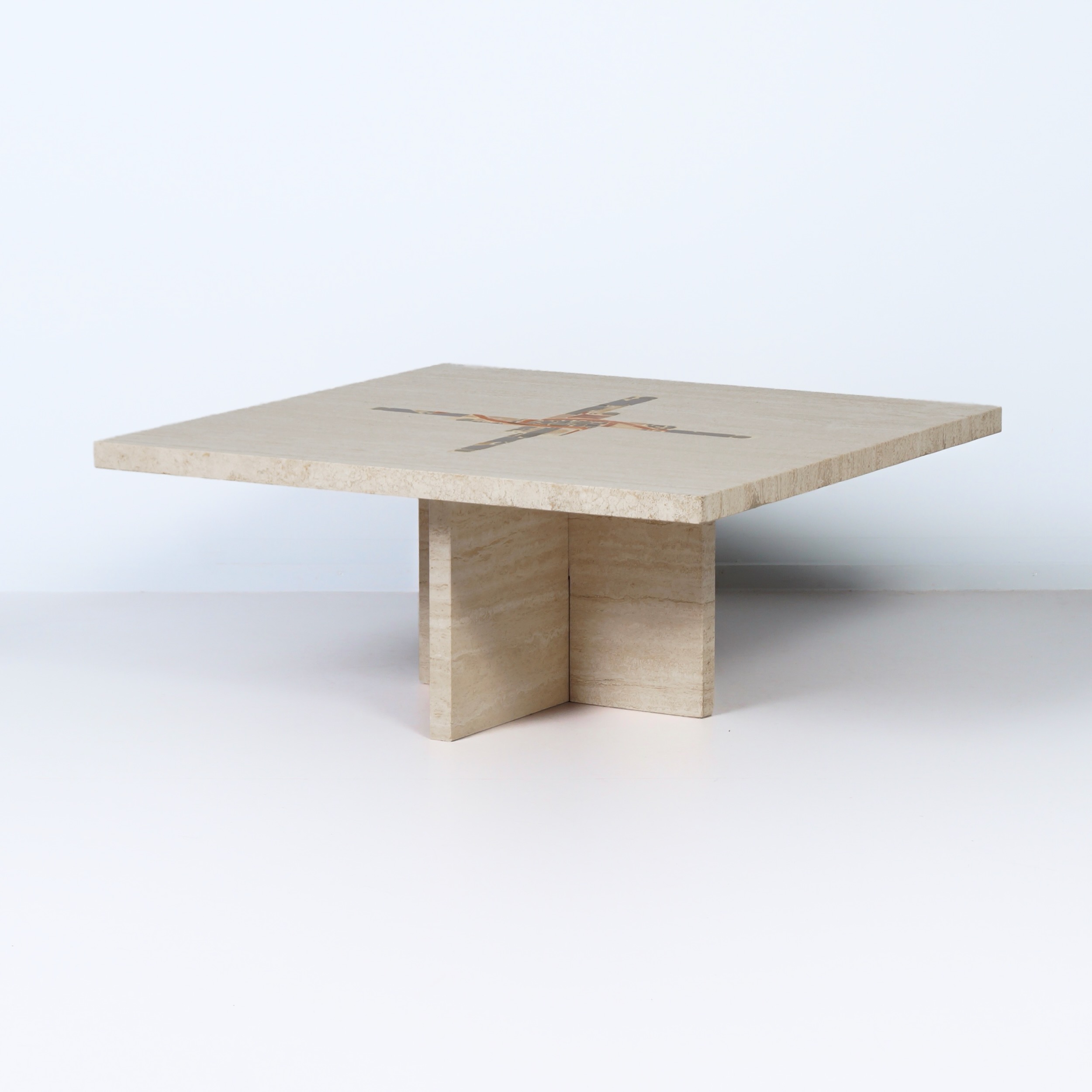 Coffee Table by Paul Kingma in Travertine with Marble and Brass Inlay, 1980