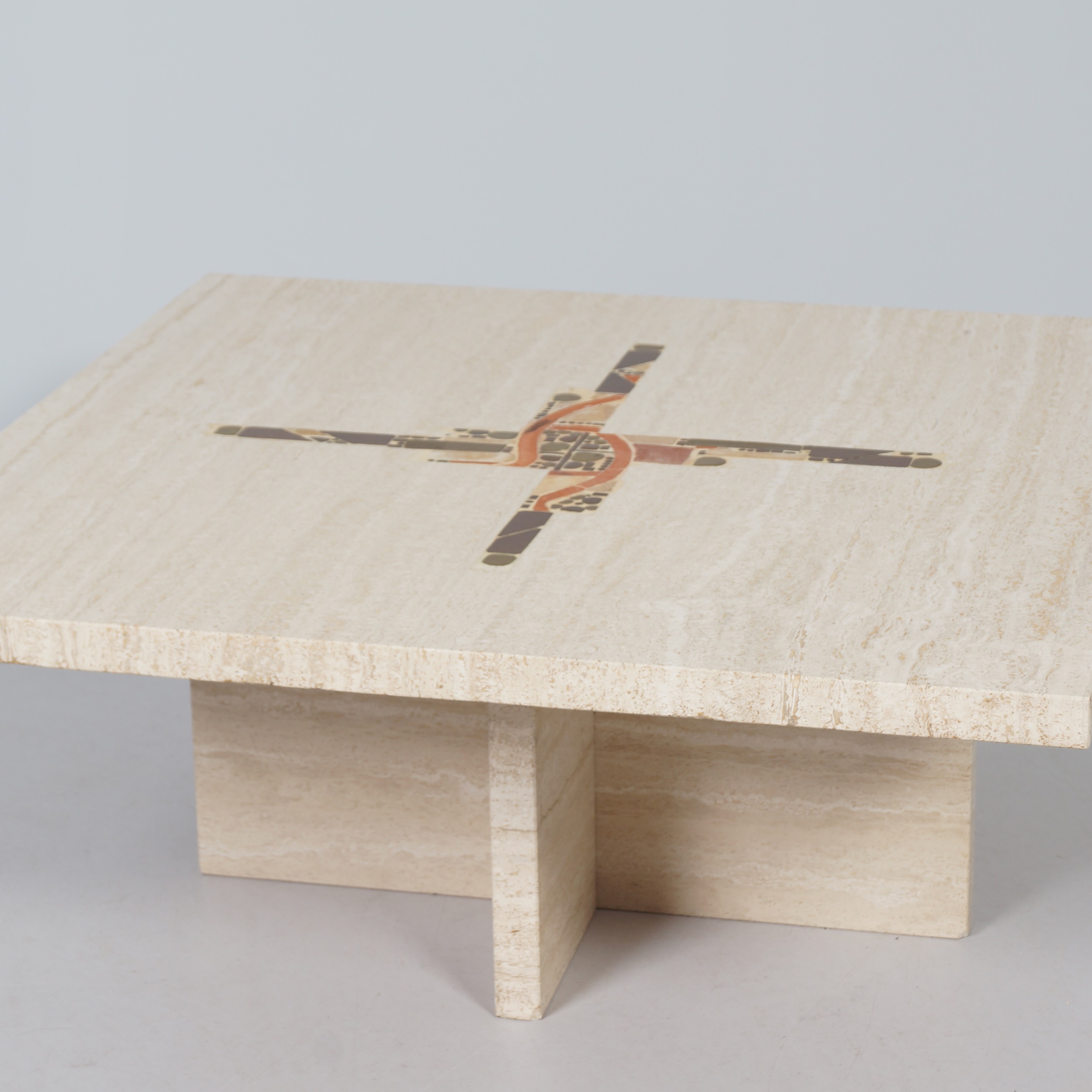 Coffee Table by Paul Kingma in Travertine with Marble and Brass Inlay, 1980