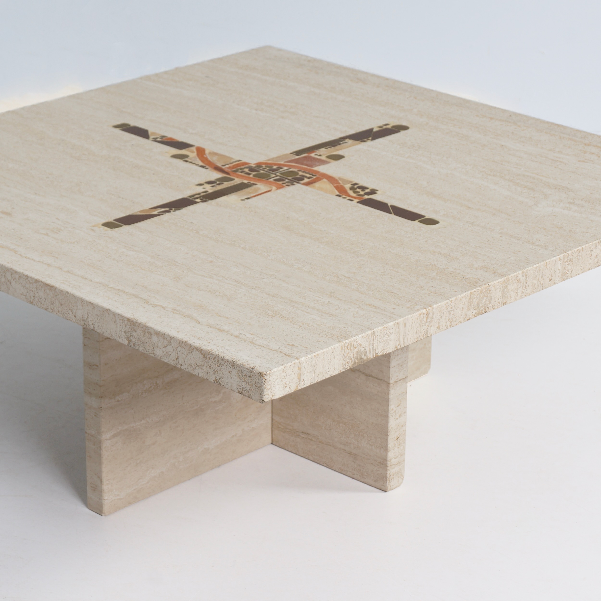 Coffee Table by Paul Kingma in Travertine with Marble and Brass Inlay, 1980