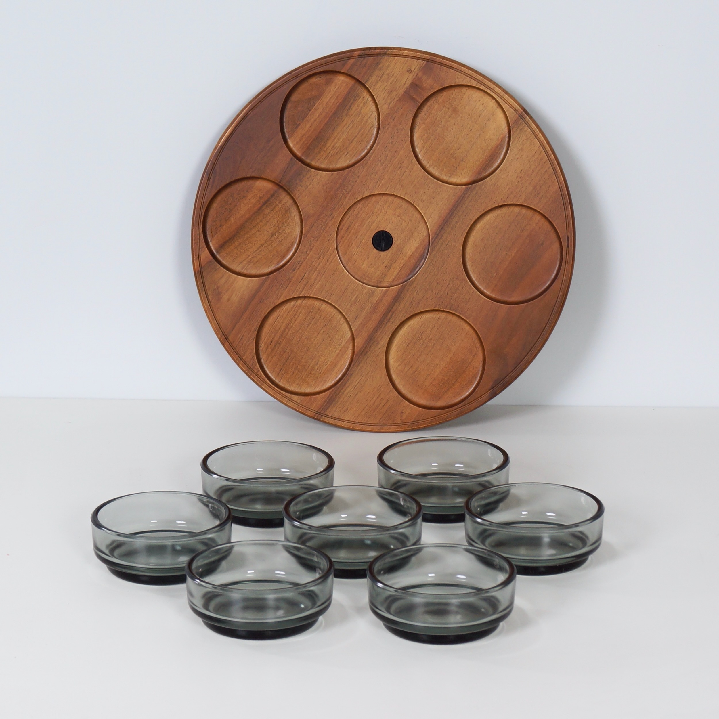 Vintage Teak Lazy Susan with 7 Glass Bowls, 1960s