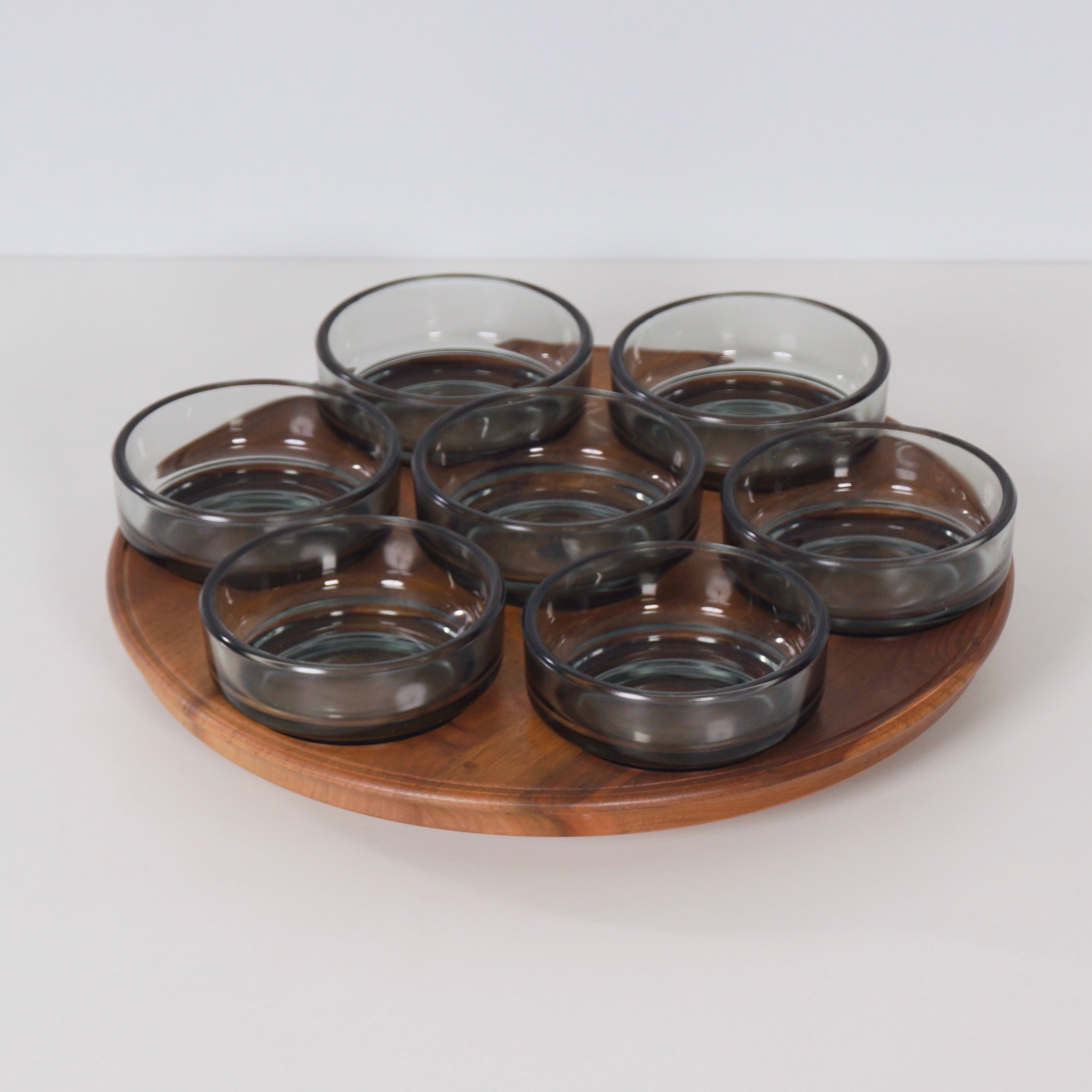 Vintage Teak Lazy Susan with 7 Glass Bowls, 1960s