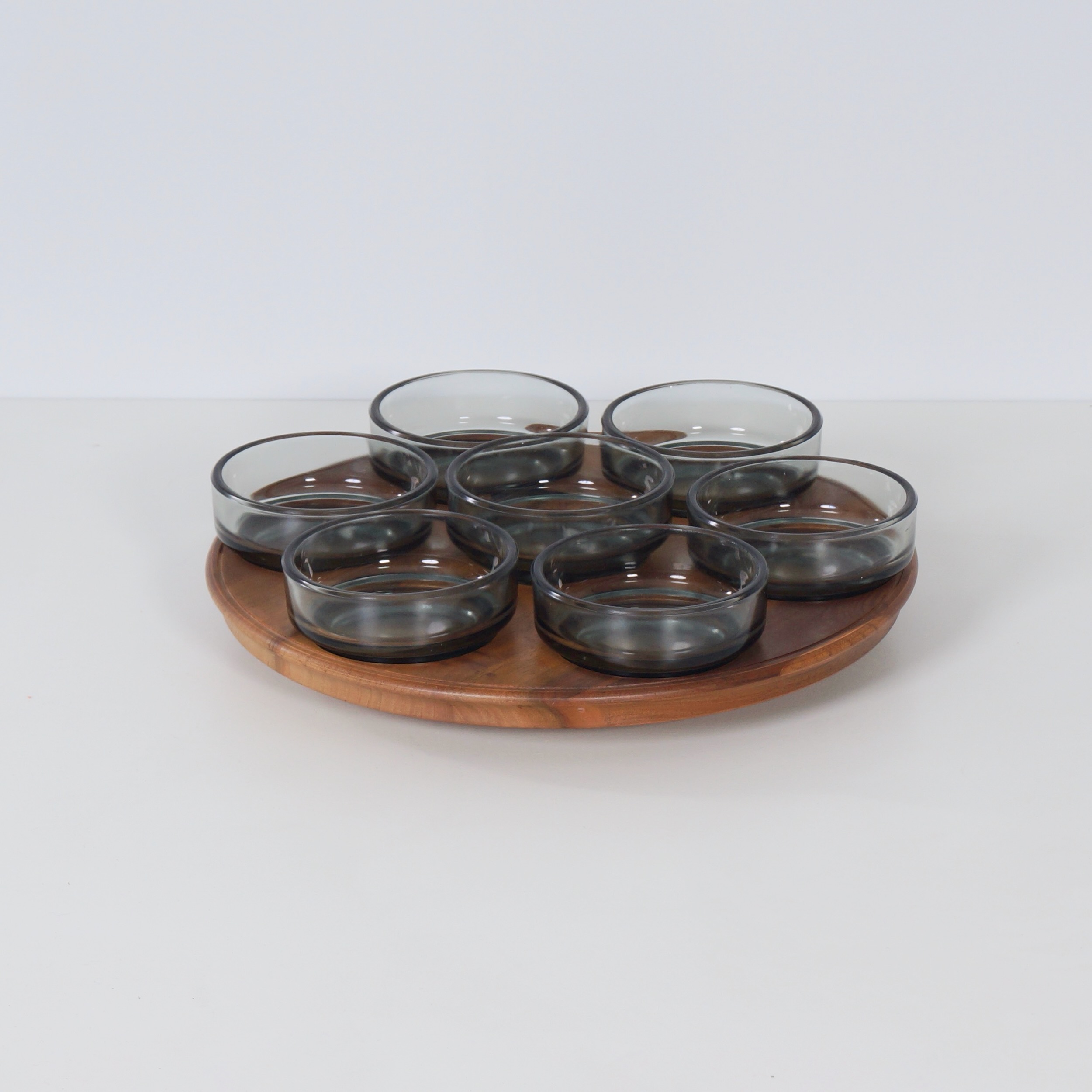Vintage Teak Lazy Susan with 7 Glass Bowls, 1960s
