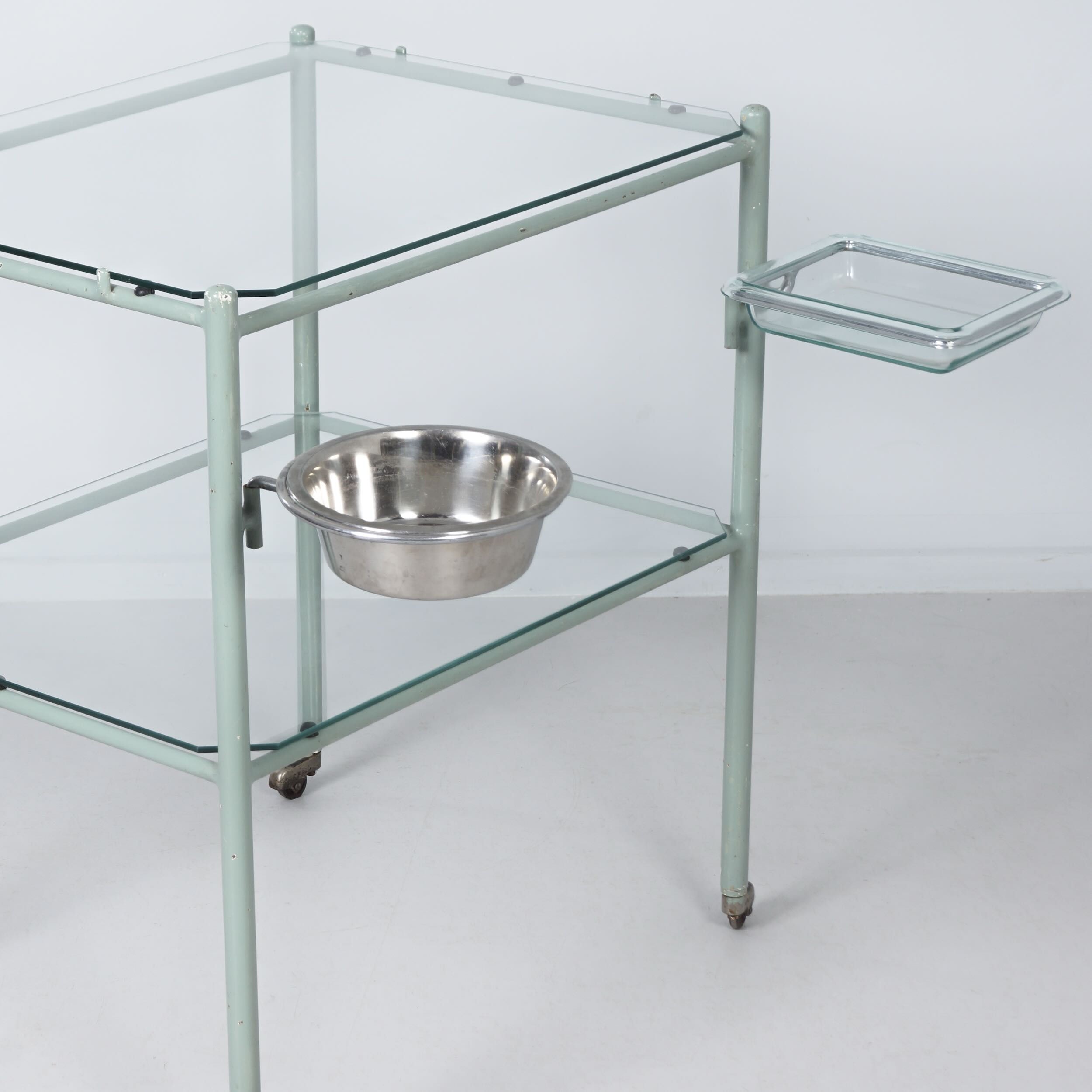 Vintage medical trolley made of metal and glass, 1930s