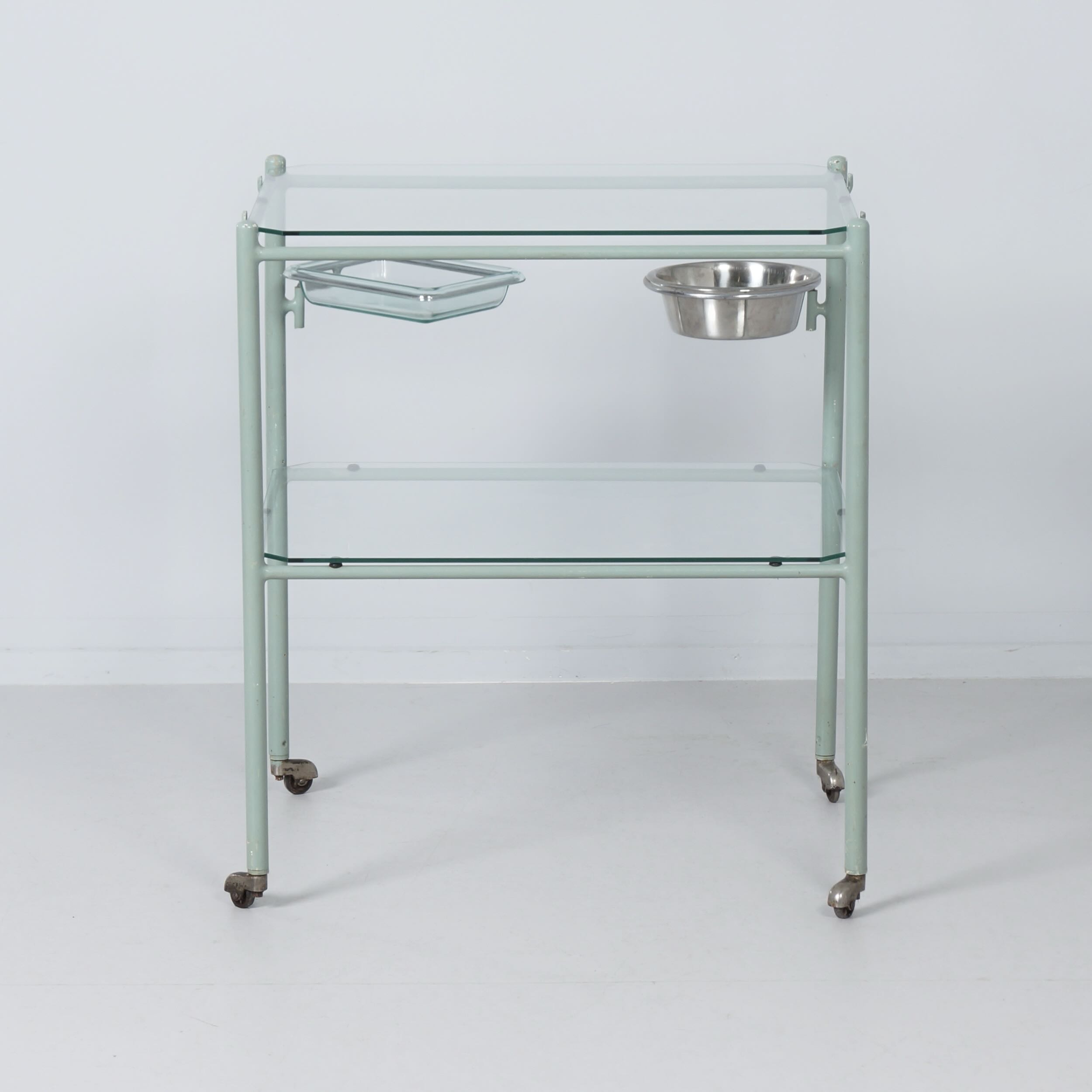 Vintage medical trolley made of metal and glass, 1930s
