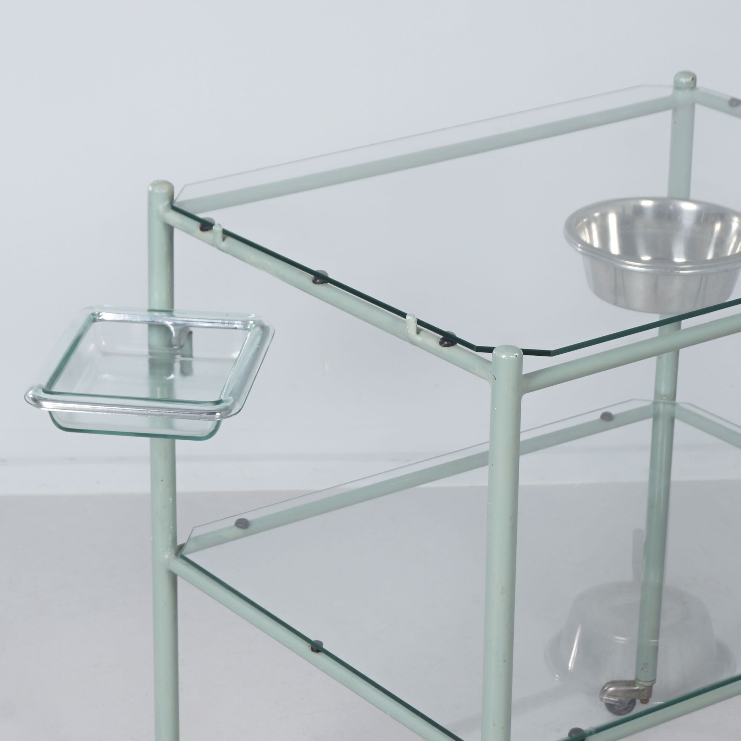 Vintage medical trolley made of metal and glass, 1930s