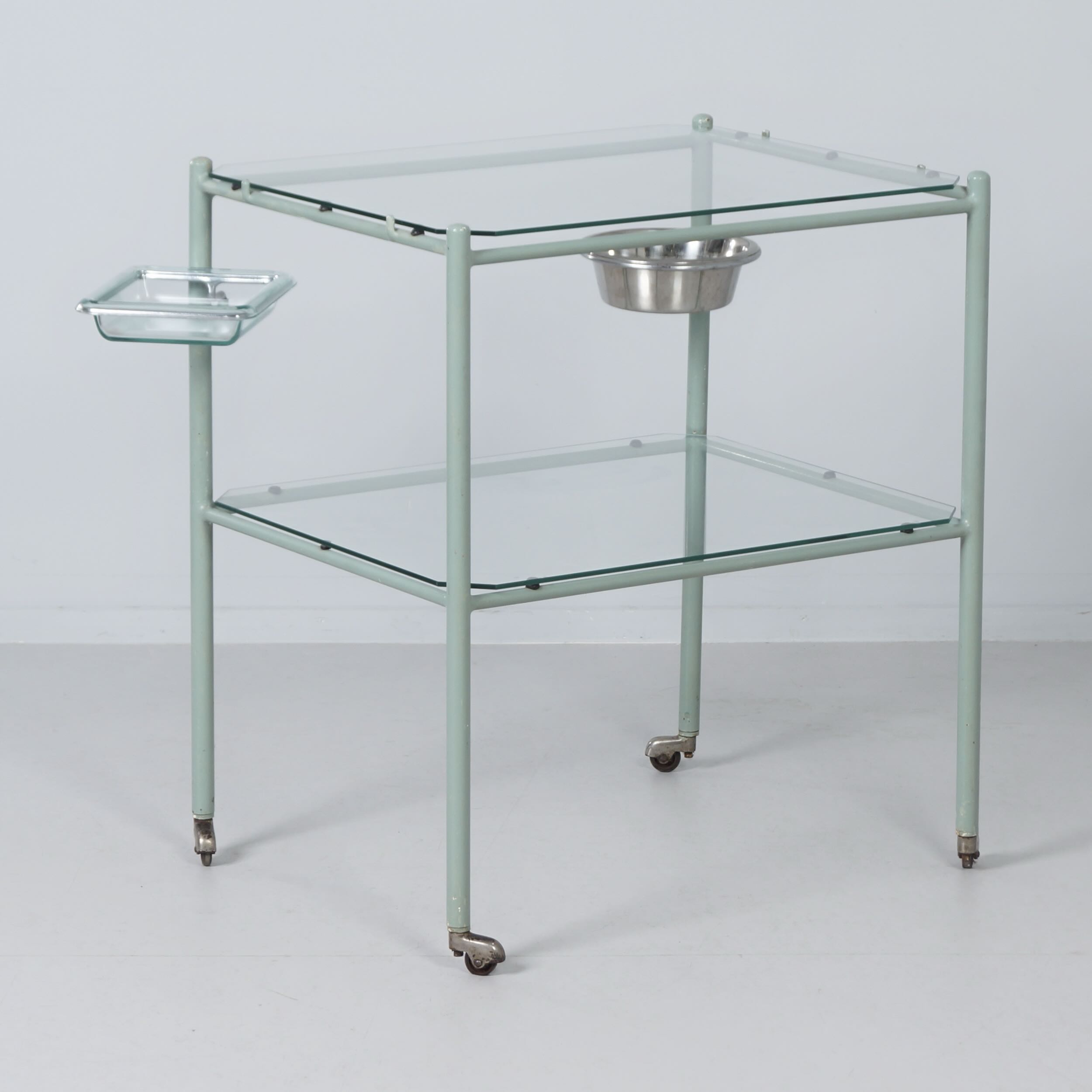 Vintage medical trolley made of metal and glass, 1930s