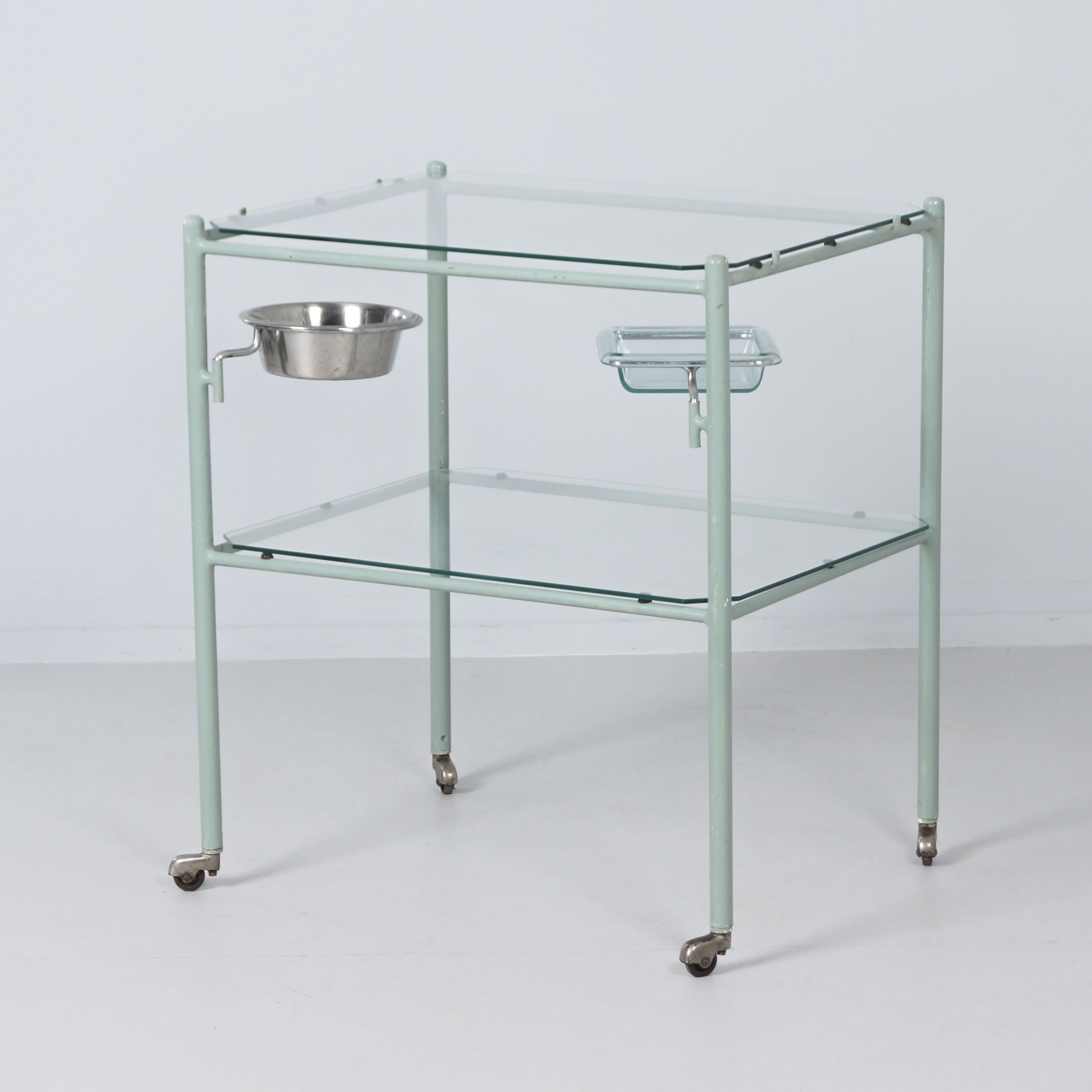 Vintage medical trolley made of metal and glass, 1930s